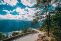 Aurlandsvangen, Norway. Tourists People Visiting Stegastein Viewpoint In Sogn And Fjordane Fjord. Amazing Summer Scenic Royalty Free Stock Photo