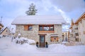 AURON, FRANCE - 02.01.2021: Village of Auron in the Evening, French Alps, France. Beautiful luxury chalet in French Alps