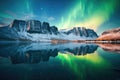 aurora above a calm lake surrounded by dark mountains