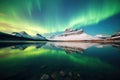 aurora above a calm lake surrounded by dark mountains