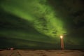 Aurora above the lighthouse on Gardskagi, Keflavik, Iceland