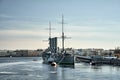 Aurora Avrora cruiser in Saint-Petersburg, Russia. Russian cruiser museum ship in St. Petersburg Royalty Free Stock Photo