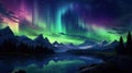 An aurora bore over mountains and trees, AI