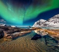 Aurora borealis above Haukland beach, Norway, Europe