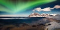 Aurora borealis above Uttekleiv beach. Amazing night scene of Lofoten Islands, Norway, Europe Royalty Free Stock Photo