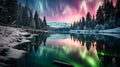 An aurora borealis, also known as the northern lights, with colorful ribbons of light dancing acr