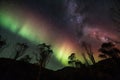 aurora borealis and australis dancing across the sky, with stars and clouds in the background Royalty Free Stock Photo
