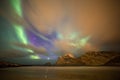 Aurora borealis on beach, Lofoten, Norway