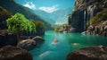 beautiful nature waterfal in lagoone and mountains trees rock wild flowers emeralt green sea water Royalty Free Stock Photo