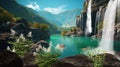 beautiful nature waterfal in lagoone and mountains trees rock wild flowers emeralt green sea water Royalty Free Stock Photo