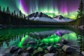 Aurora Borealis Cast Over a Crystal Clear Mountain Lake: Intense Greens and Purples Mirrored in the Tranquil Waters