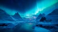 Aurora borealis Green northern lights above mountains. Night sky with polar lights. Night winter landscape with aurora and Royalty Free Stock Photo