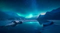 Aurora borealis Green northern lights above mountains. Night sky with polar lights. Night winter landscape with aurora and Royalty Free Stock Photo