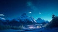 Aurora borealis Green northern lights above mountains. Night sky with polar lights. Night winter landscape with aurora and Royalty Free Stock Photo