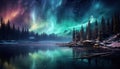 Aurora borealis lake snowy trees mountains. Created with Generative AI Royalty Free Stock Photo