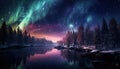 Aurora borealis lake snowy trees mountains. Created with Generative AI Royalty Free Stock Photo