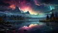 Aurora borealis lake snowy trees mountains. Created with Generative AI Royalty Free Stock Photo