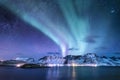 Aurora borealis on the Lofoten islands, Norway. Green northern lights above mountains. Night sky with polar lights. Night winter l Royalty Free Stock Photo