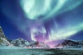 Aurora borealis on the Lofoten islands, Norway. Green northern lights above mountains. Night sky with polar lights. Night winter l Royalty Free Stock Photo