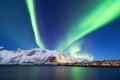 Aurora borealis on the Lofoten islands, Norway. Green northern lights above ocean. Night sky with polar lights. Night winter lands