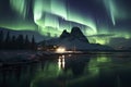 Aurora borealis in Lofoten islands, Norway. Aurora. Green northern lights. Starry sky with polar lights. Night winter landscape Royalty Free Stock Photo