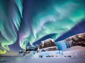 Aurora Borealis, Lofoten islands, Norway. Nothen light, mountains and frozen ocean. Winter landscape at the night time Royalty Free Stock Photo