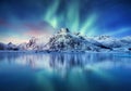 Aurora Borealis, Lofoten islands, Norway. Nothen light, mountains and ocean. Winter landscape at the night time. Royalty Free Stock Photo