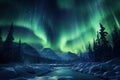 Aurora borealis in the night sky. Winter landscape, AI Generated