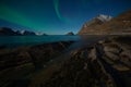 Aurora borealis or North light over Haukland beach, Lofoten archipelago, Norway