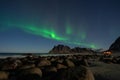 Aurora borealis, north light over Uttakleiv beach in Lofoten archipelago, Norway, Scandinavia