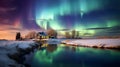 Aurora borealis northern light over house in winter landscape. Royalty Free Stock Photo