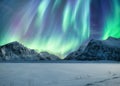 Aurora Borealis, Northern Lights Above on snowy mountain in Skagsanden Beach at Lofoten Islands