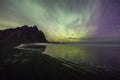 Aurora Borealis Northern Lights above Stokksnes Beach and Vestrahorn Mountains, Iceland Royalty Free Stock Photo