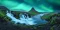 Aurora Borealis Northern Lights Over Kirkjufellsfoss Waterfall