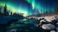 Aurora Borealis Northern Lights over a river in the winter forest Royalty Free Stock Photo
