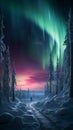 Aurora borealis northern lights over snowy mountains with stars in the night forest. Skier goes down from mountain. AI