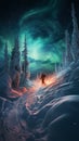 Aurora borealis northern lights over snowy mountains with stars in the night forest. Skier goes down from mountain. AI