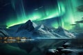 Aurora borealis, northern lights over snowy mountains in winter, The tallest mountain in the world at night with the northern