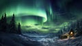 Aurora borealis on the Norway. Green northern lights above mountains. Night sky with polar lights. Night winter landscape. Ai