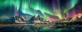 Aurora borealis on the Norway. Green northern lights above mountains. Night sky with polar lights. Night winter landscape Royalty Free Stock Photo
