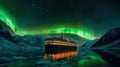 Aurora borealis over fjord landscape with cruise ship. Generative AI