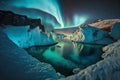 Aurora borealis over icebergs in Jokulsarlon, Iceland