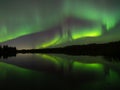 Aurora borealis over lake with island of trees