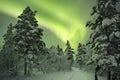 Aurora borealis over a path through winter landscape, Finnish La