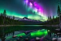 Aurora Borealis over a Pristine Mountain Lake: Reflection in the Still Water, Vivid Greens and Purples Illuminate the Night