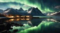 Aurora Borealis over settlements in Norway, fairytale green northern lights in the clear sky.