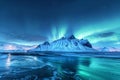 Aurora borealis over a small frozen lake, a night sky phenomenon, AI-generated,