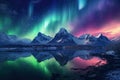 Aurora borealis over the snowy mountains. Northern lights, AI Generated