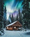 Aurora borealis over wooden cottage with smoke on snow in pine forest at Yoho national park Royalty Free Stock Photo