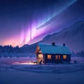 Aurora borealis over a wooden house in the winter forest Royalty Free Stock Photo